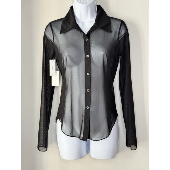 Wilfred Tops - Wilfred Sheer Mesh LongSleeve Top S Black Sheer ButtonUp Goth Corporate Baddie